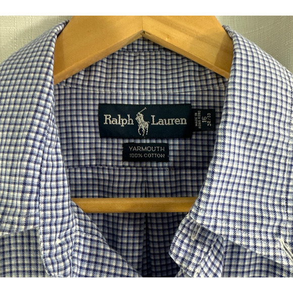 RALPH LAUREN 90s VTG Long Sleeve Navy Pony Yarmouth Blue Check Shirt Sz 16 32/33 - Picture 4 of 5